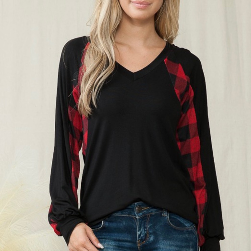 Black Top w/Red Buffalo Plaid Sleeves